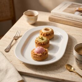 Trio de tartelettes modernes sur mesure avec bordure craquelin et dômes crémeux pistache, framboise et praliné - Deluxe Pâtisserie Tunis