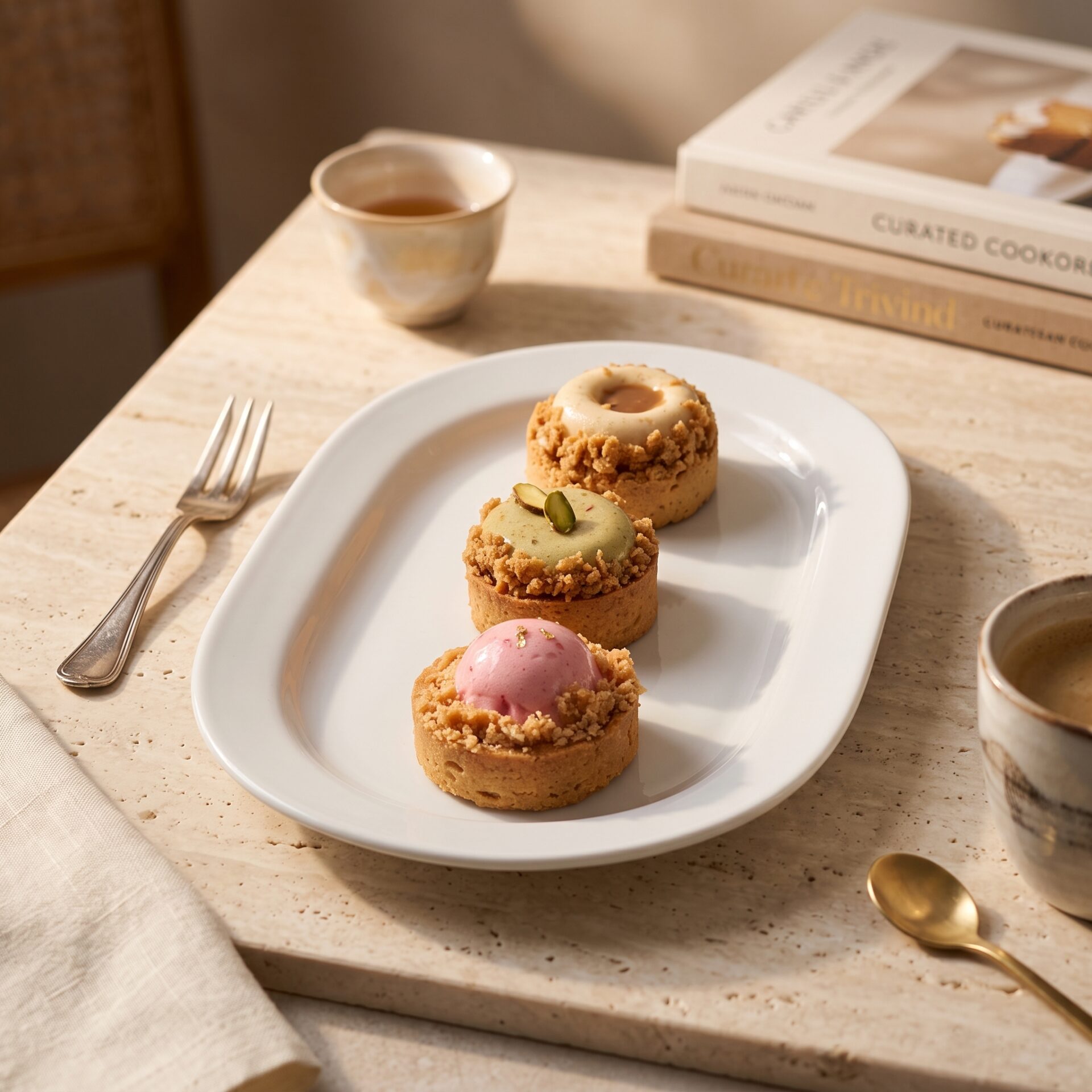 Tarte Bijou Haute Couture « Praliné, Pistache & Framboise Trio de tartelettes modernes sur mesure avec bordure craquelin et dômes crémeux pistache, framboise et praliné - Deluxe Pâtisserie Tunis