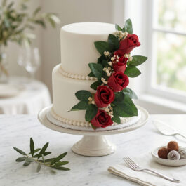 Wedding cake blanc aux roses rouges sur mesure à 2 étages orné de feuillage vert et de perles - Deluxe Pâtisserie Tunis