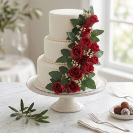 Wedding cake blanc aux roses rouges sur mesure orné de feuillage et perles - Deluxe Pâtisserie Tunis