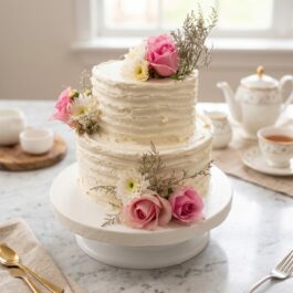 Wedding cake texturé à la crème blanc cassé orné de roses roses, marguerites blanches et feuillage champêtre - Deluxe Pâtisserie Tunis