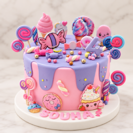 Gâteau d’anniversaire Candy Land avec bonbons, sucettes et prénom personnalisé – Deluxe Tunis