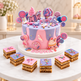 Faux gâteau Candy Land pastel avec bonbons, sucettes, prénom personnalisé et parts prédécoupées – Deluxe Tunis