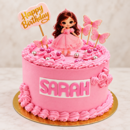 Gâteau d’anniversaire princesse rose avec papillons et prénom personnalisé – Deluxe Tunis