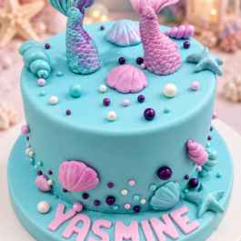Gâteau d’anniversaire sirène pastel avec queues de sirène, coquillages et prénom Yasmine – Deluxe Tunis
