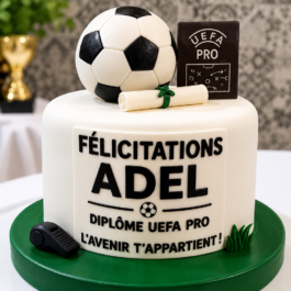 Gâteau de félicitations football UEFA Pro personnalisé avec ballon, diplôme et prénom Adel – Deluxe Tunis