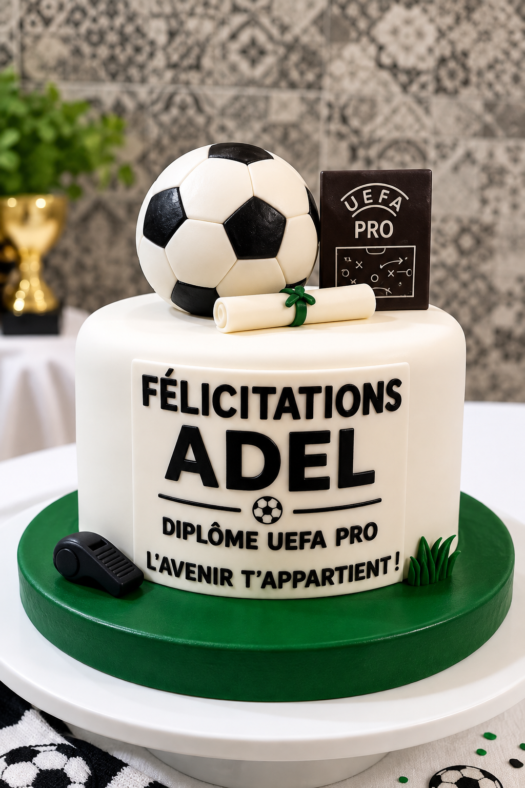 Gâteau Félicitations Football – Diplôme UEFA Pro Personnalisé Gâteau de félicitations football UEFA Pro personnalisé avec ballon, diplôme et prénom Adel – Deluxe Tunis