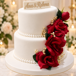 Gâteau de mariage blanc aux roses rouges personnalisé avec prénoms des mariés – Deluxe Tunis