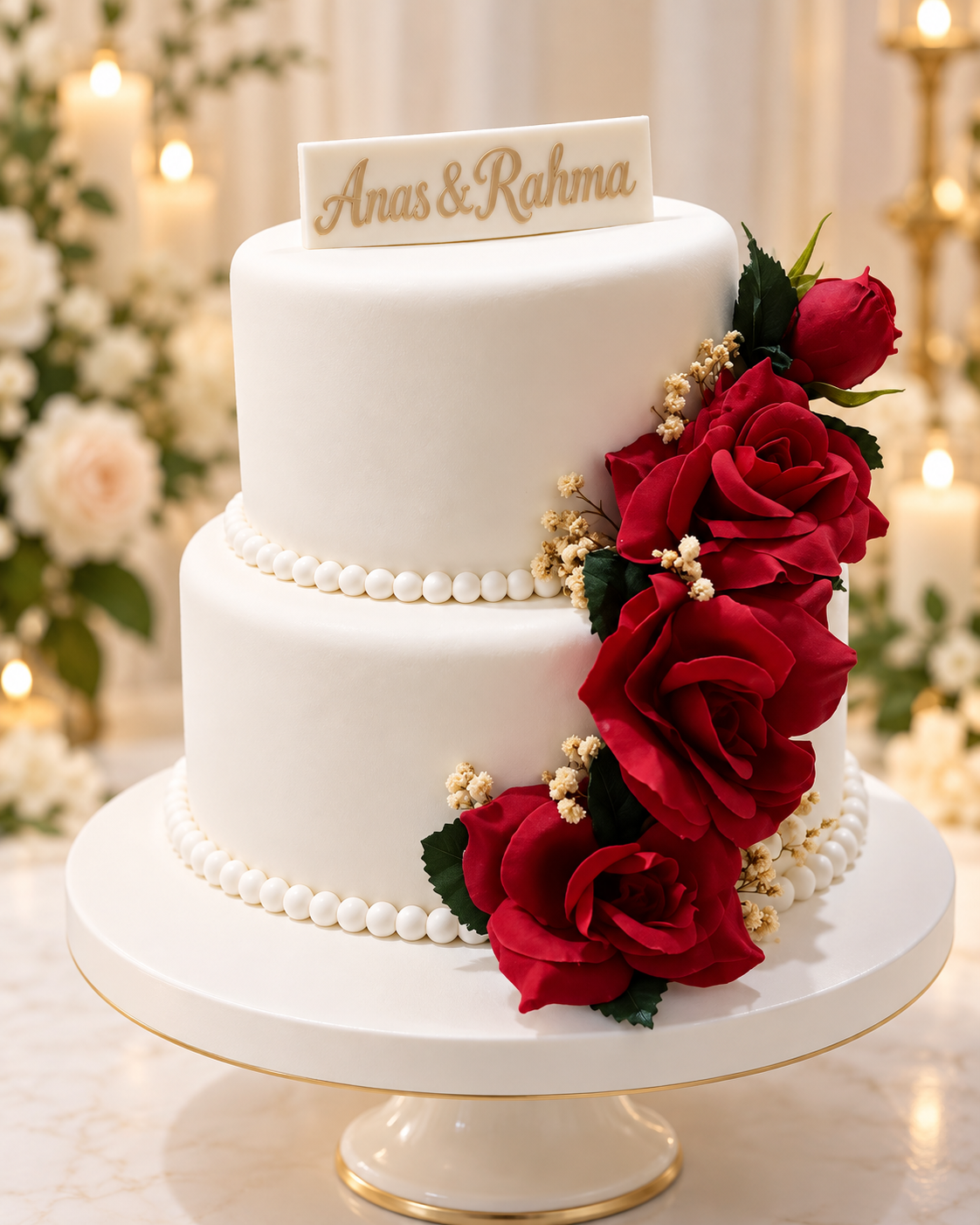 Gâteau de Mariage Blanc aux Roses Rouges – Personnalisé Gâteau de mariage blanc aux roses rouges personnalisé avec prénoms des mariés – Deluxe Tunis